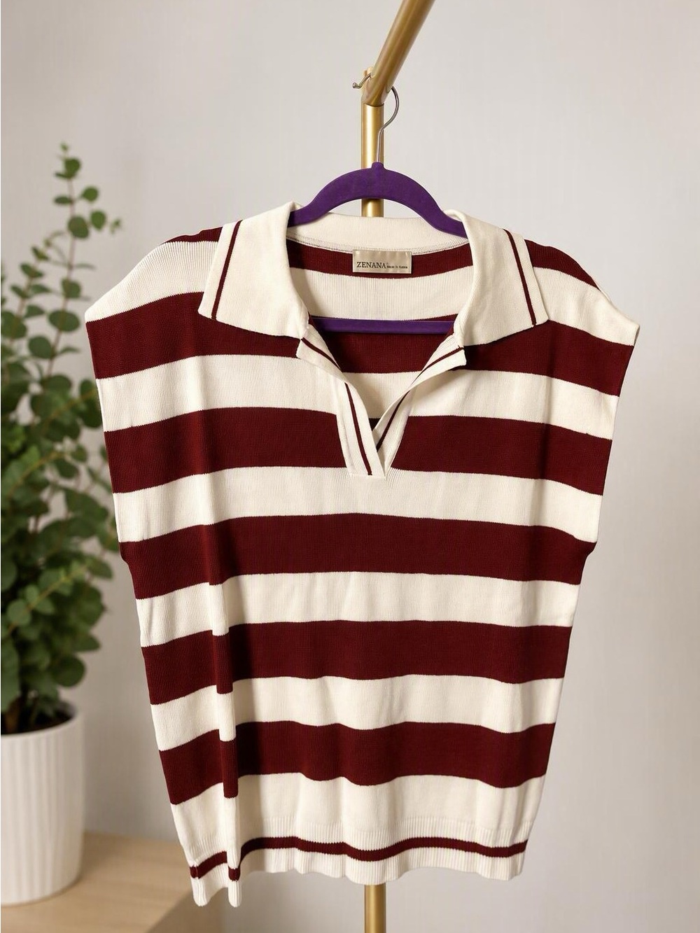 Zenana Outfitters Maroon and Cream Striped Sleeveless Polo Top